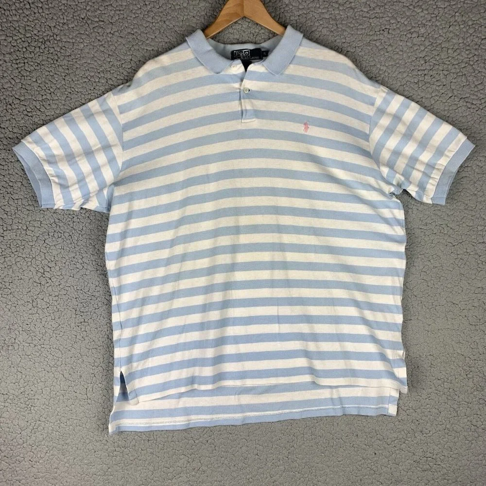 Vintage Polo Ralph Lauren Made In USA Blue White Striped XL Pink Pony Shirt READ